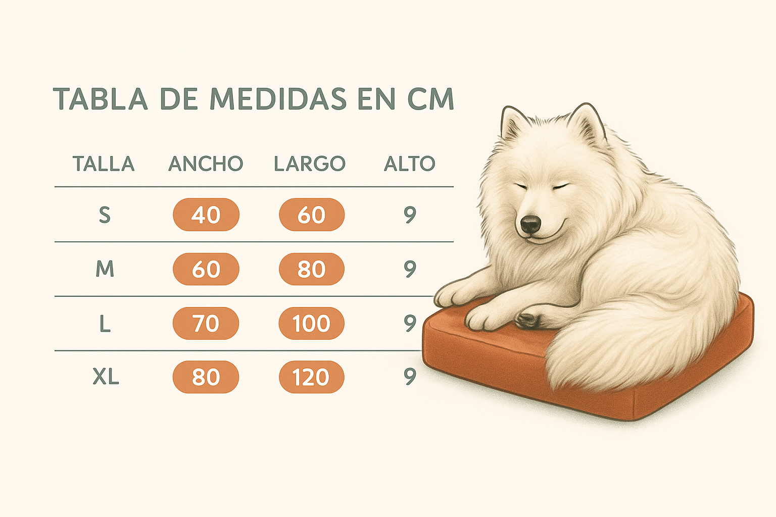Guía de tallas y medidas cama ortopédica para perros - S, M, L y Gigante XL (80x120 cm) | Con-Sentido